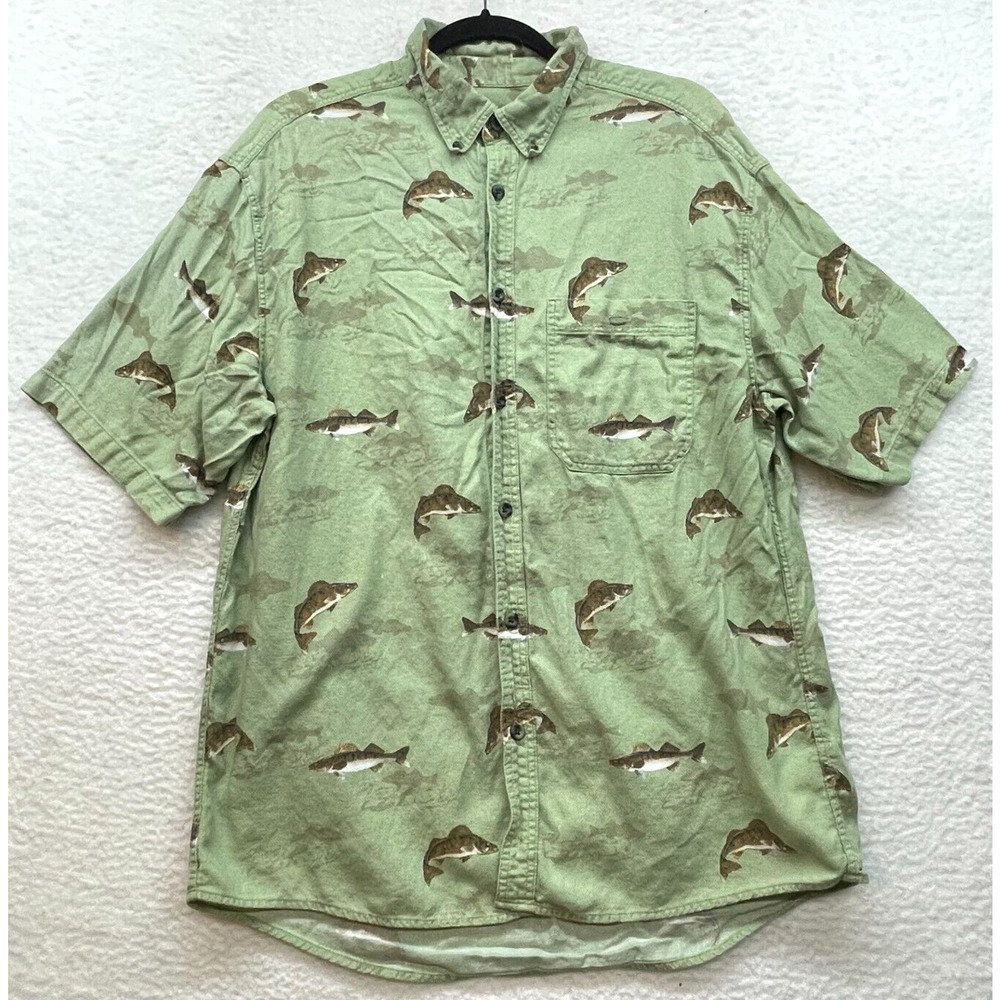 Cabelas Shirt Mens Large Green Button Down Fish Trout Casual Fishing Outdoors